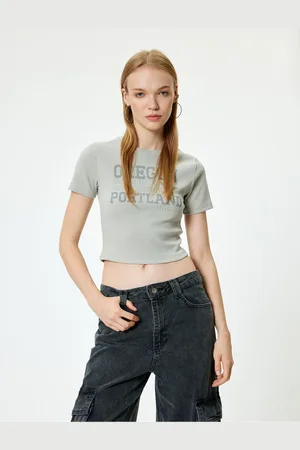 Koton Crop T-Shirt Slogan Printed Crew Neck Short Sleeve Cotton
