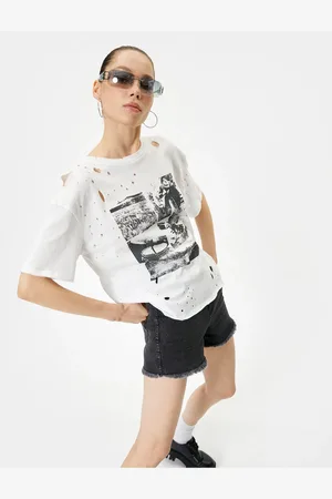 Koton Ripped T-Shirt Printed Short Sleeve Crew Neck Cotton Comfortable Fit