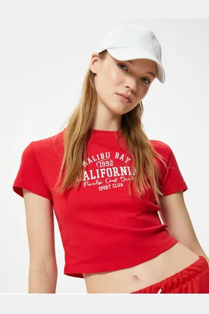 Koton Crop T-Shirt College Printed Short Sleeve Slim Fit Crew Neck