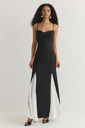 Trendyol Black-White Chiffon Skirt Detailed Long Woven Evening Dress
