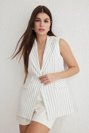 Trendyol White Oversized Jacket Collar Long Striped Vest Waistcoat