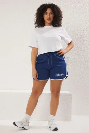 Trendyol Curve Blue Slogan Printed Piping Detailed Knitted Plus Size Shorts & Bermuda