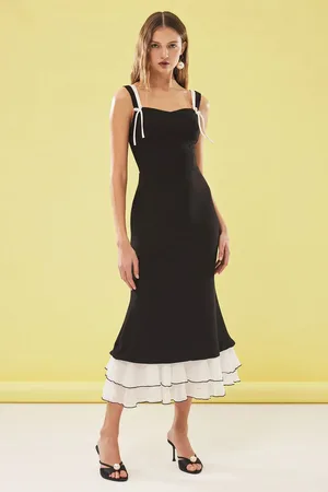 Trendyol Black and White Bowknot Detailed Woven Wedding Dress Elegant Evening Dress