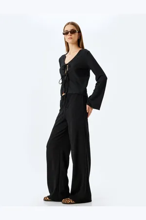 Koton Textured Elastic Waist Wide Leg Trousers