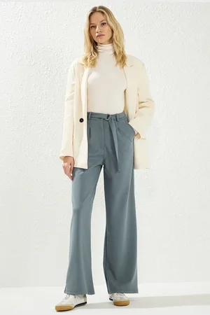 Trendyol Light Anthracite Belted Wideleg/Wide Leg High Waist Smart Crepe Fabric Knitted Trousers