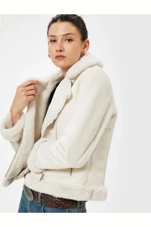 Koton Faux Suede Biker Jacket Plush Plush Lined Zippered