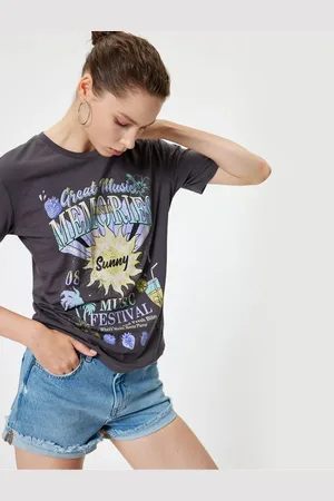 Koton Oversize T-Shirt Slogan Printed Crew Neck Short Sleeve Cotton