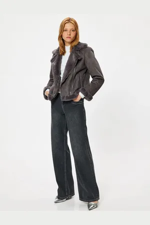 Koton Faux Suede Biker Jacket Plush Plush Lined Zippered