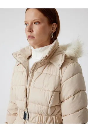 Koton Quilted Puffer Coat with Hood and Faux Für Collar and Belt