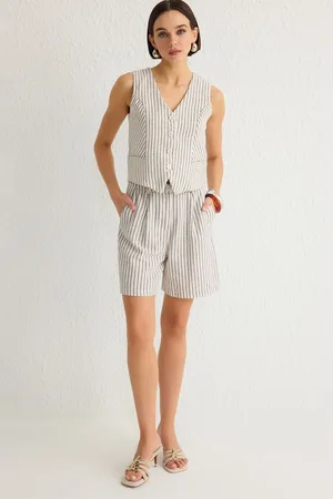 Trendyol Multicolored Striped V-Neck Vest and Shorts Set Woven Bottom-Top Set