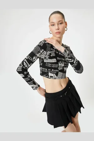 Koton Long Sleeve Printed Crop T-Shirt Crew Neck Slim Fit
