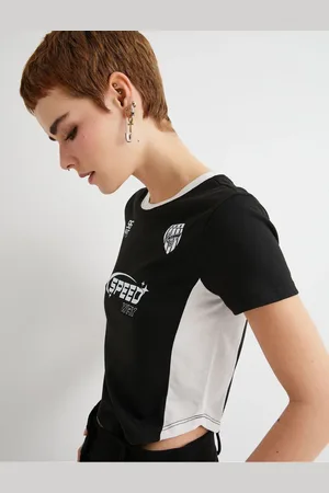 Koton Crop T-Shirt Color Block Short Sleeve Crew Neck