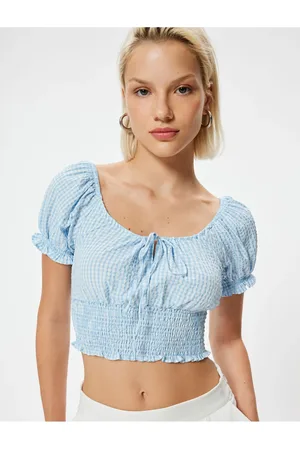Koton Balloon Sleeve Poplin Crop Blouse Gimped Front Tie Detail