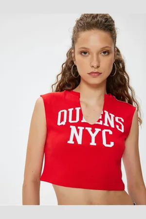 Koton Crop Top V-Neck Slogan Printed Sleeveless Slim Fit