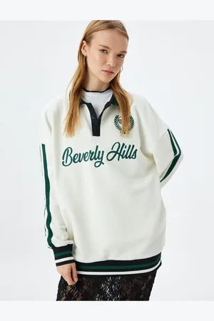 Koton Polo Collar Sweatshirt Oversize College Embroidered Stripe Detail Buttoned Raised