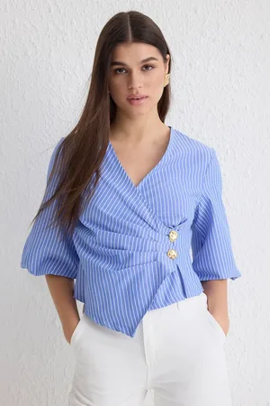 Trendyol Blue Double Breasted Striped Woven Woven Blouse