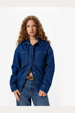 Koton Oversize Denim Shirt Jacket Pocket Detail Classic Button Down Collar