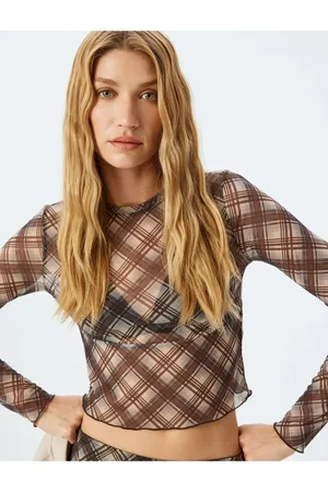 Koton Long Sleeve Transparent Tulle Plaid Crop T-Shirt