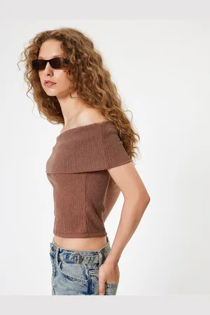 Koton Madonna Collar Off Shoulder Crop Blouse Short Sleeve Crepe Textured Slim Fit