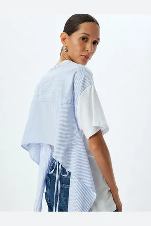 Koton Relaxed Fit Cotton Crew Neck Asymmetrical Short Sleeve T-Shirt