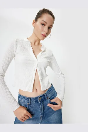 Koton Long Sleeve T-Shirt Button Down Shirt Collar Textured Button Down Bell Sleeve Slim Fit