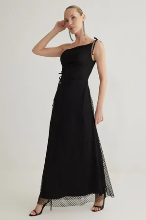 Trendyol Black A-Line Asymmetrical Neck Tulle Knitted Long Evening Dress