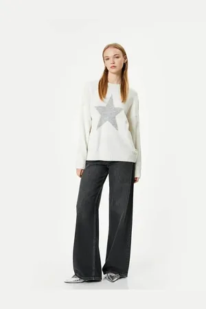 Koton Star Patterned Sweater Long Sleeve Crew Neck Soft Texture