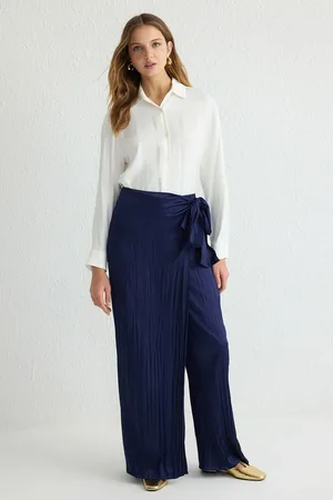 Trendyol Navy Blue Textured Satin Woven Trousers