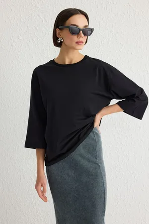 Trendyol Black 100% Cotton Relaxed/Comfortable Pattern Three Quarter Sleeve Knitted T-Shirt