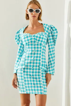 Bianco Lucci Women Plaid Patterned Watermelon Sleeve Belted Vintage Dress 21532