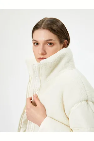 Koton Puffer Jacket Plush Detail Stand Collar Zippered Pockets