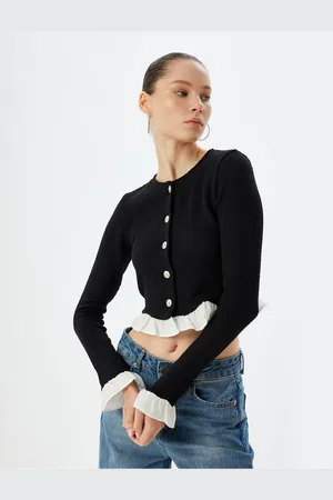 Koton Crop Cardigan Buttoned Ruffle Detailed Crew Neck Slim Fit
