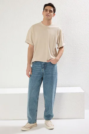 Trendyol Stone Oversize/Wide Cut Textured Basic 100% Cotton T-Shirt