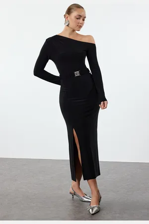 Trendyol Black Plain Belted Midi Belt Detailed Body-Fitting Flexible Maxi Knit Dress