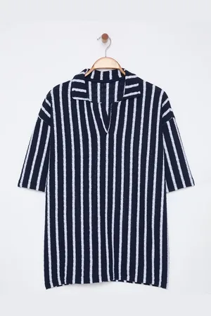 Trendyol Navy Blue Limited Edition Striped Knitwear Look Polo Neck T-shirt