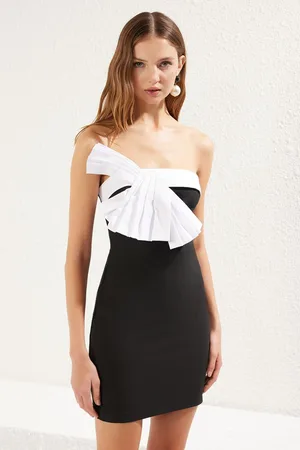 Trendyol Black and White Bow Detail Woven Mini Wedding/Marriage Elegant Evening Dress