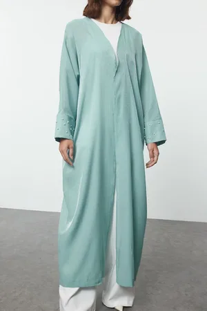 Trendyol Mint Pearl Detailed Woven Shiny Fabric Cap & Abaya & Abaya