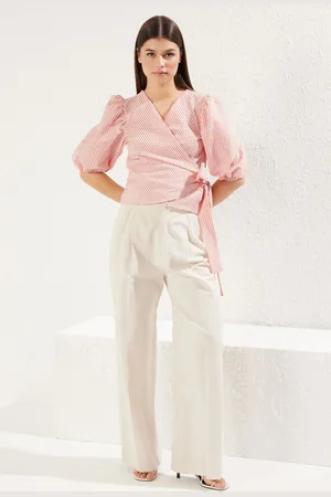 Trendyol Red Double Breasted Tie Detail Seersucker Fabric Woven Blouse