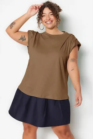 Trendyol Curve Camel Crew Neck Basic 100% Cotton Knitted Plus Size Blouse