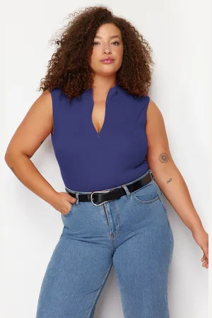 Trendyol Curve Navy Blue Zippered 100% Cotton Ribbed Camisole Knit Plus Size Blouse