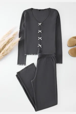 Trendyol Anthracite Cotton Lace and Ribbon/Bow Detailed Ribbed Knitted Pajama Set