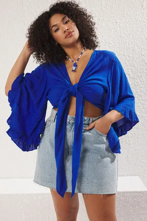 Trendyol Curve Indigo Crinkle Beachwear Plus Size Blouse