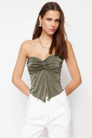 Trendyol Khaki Premium Buzzy Heart Neck Gathered Crop Knit Blouse