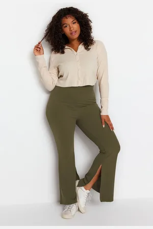 Trendyol Curve Oil Green Bell-bottomed Flare Knit Plus Size Trousers