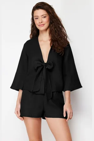 Trendyol Black 100% Cotton Tie/Ribbon/Bow Detailed Muslin Woven Pajama Set