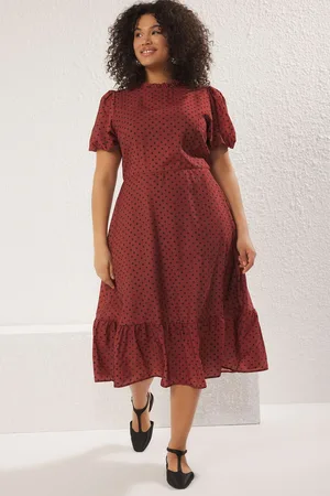 Trendyol Curve Brick Red Stand Collar Polka Dot Patterned Balloon Sleeve Long Woven Dress