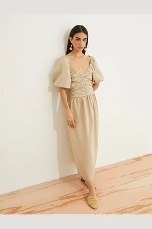 Koton Long Poplin Dress Balloon Sleeve Draped V-Neck Cotton