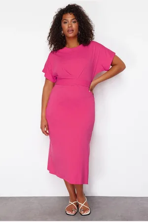 Trendyol Curve Pink Straight Cut Tie Detail With Slits Maxi/Long 100% Cotton Knitted Plus Size Dress