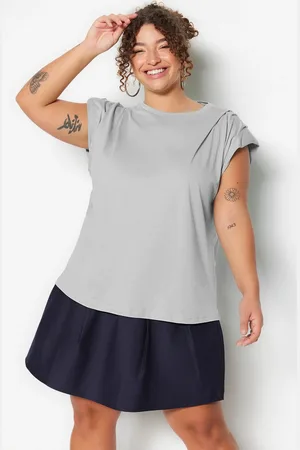 Trendyol Curve Grey Crew Neck Basic 100% Cotton Knitted Plus Size Blouse