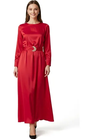 Trendyol Red Belted Wide Cut Satin Evening Dress